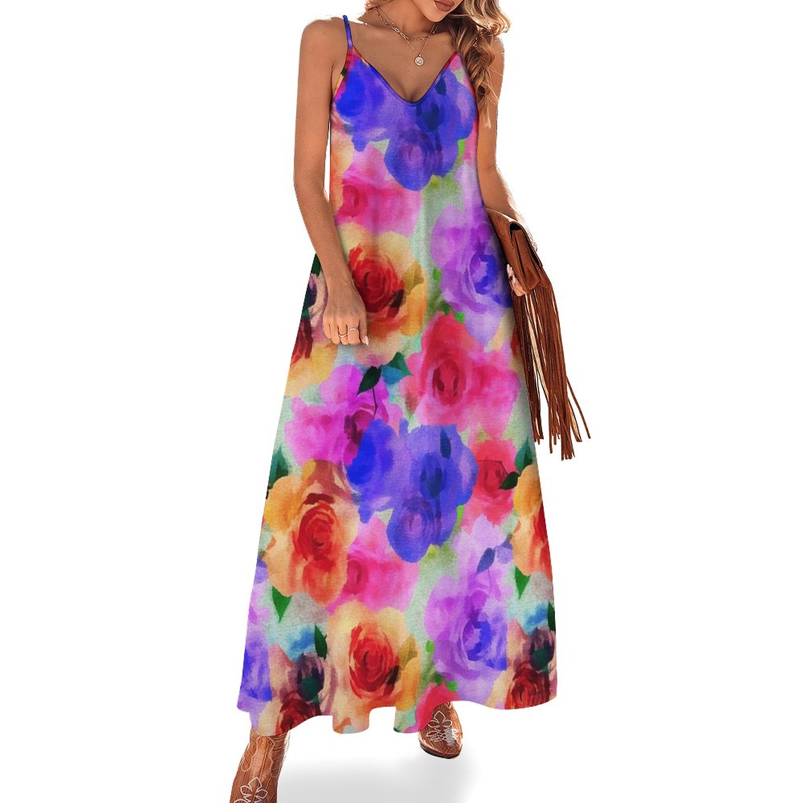 New Colorful abstract modern roses flowers pattern Sleeveless Dress clothes sensual sexy dress for women long sleeve dresses