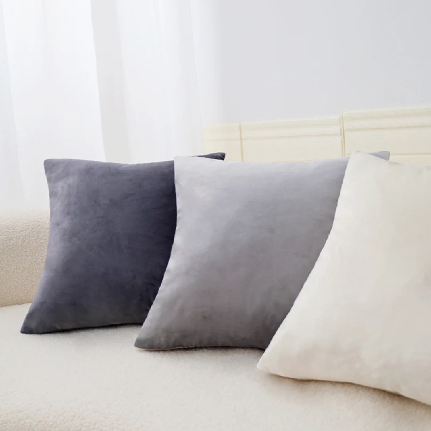 Set of 3 Gray and Beige Velvet Throw Pillows