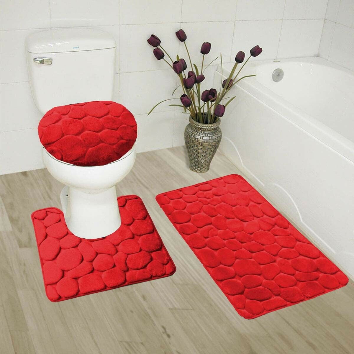 SAM2011 New Complete Bathroom Set 3 Pieces Memory Foam Rock Design Ultrasoft Underfoot Touch 1 Bat Mat, 1 Contour Mat, 1 Lid Cover Burgundy Color, Red