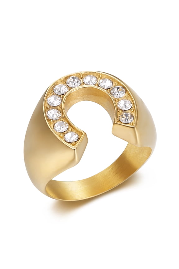 New Cool design golden color Lucky Horseshoe Ring with rhinestone 14K Yellow Gold jewelry horse head Ring Band Finger