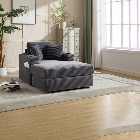 FunMay Upholstered Chaise Lounge, Grey Corduroy