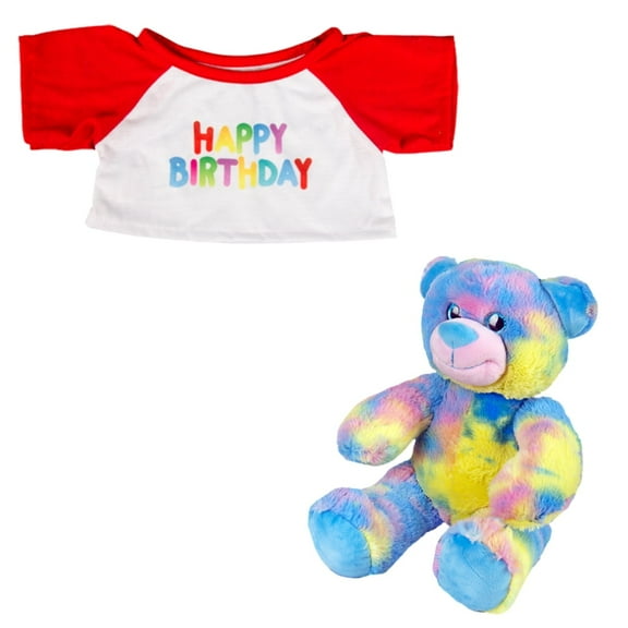 Plush Gear Cotton Candy Bear Plush Toy In Happy Birthday T-Shirt with Red Sleeves, Cuddly Birthday Gift for Kids, Birthday Decor, 16 Inch