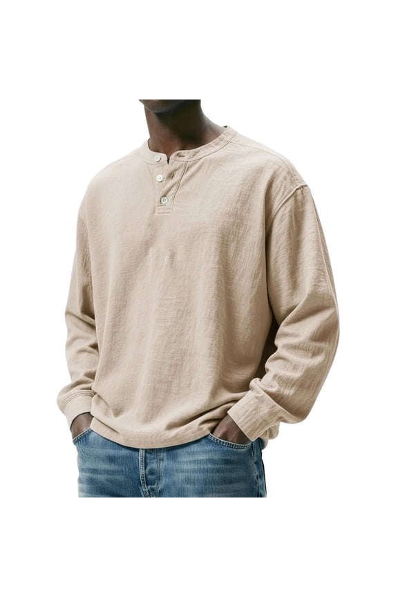 New Cotton Linen Shirts For Men Casual Shirts Lightweight Long Sleeve Mandarin Neck Solid Color Long Sleeve Button Design Tshirt Hawaiian Breathable Collar Tops Khaki 3XL