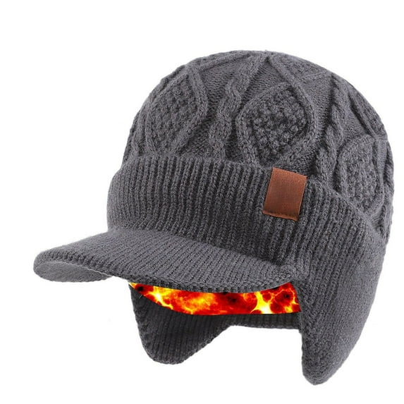 New Cozy Head Beanies for Women Men Warm Knitted Hats with Brim & Ear Flaps Color Dark Gray Size One Size