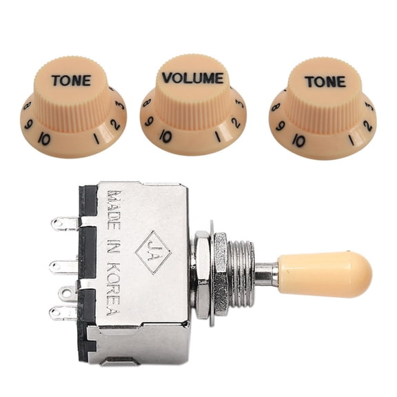 New Cream Dark Blue Font 1 Volume& 2 Tone Guitar Control Knobs for Strat & Solid Knob Shaft Box Style 3 Way Pickup Selector Toggle Switch, Beige Tip,1* 3 way switch 1 Set of Electric Guitar Knobs