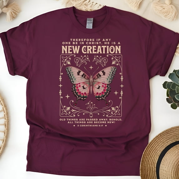 New Creation Butterfly Shirt – 2 Corinthians 5:17 Christian Bible Verse Tee, Maroon, Size 2XL