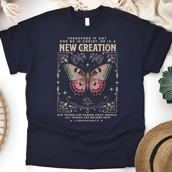 New Creation Butterfly Shirt – 2 Corinthians 5:17 Christian Bible Verse Tee, Navy, Size L