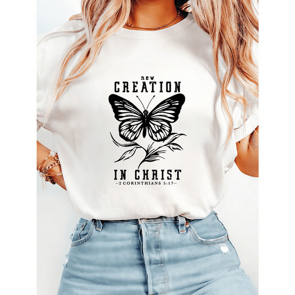 New Creation In Christ 2 Corinthians 5:17 Lettering Print Tshirts Christian Transformation Graphic Tees Short Sleeve Shirts Casual Tops for Daily Outfits White,S