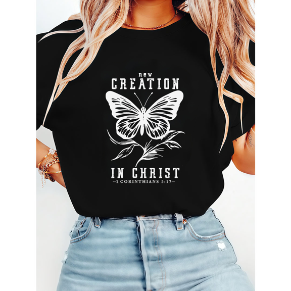 New Creation In Christ 2 Corinthians 5:17 Lettering Print T-shirts Christian Transformation Graphic Tees Short Sleeve Casual Tops Black,M