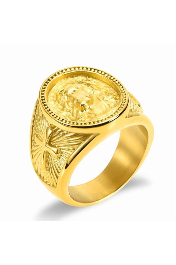 New Creative Jesus Rings for Men Punk Religious 14K Yellow Gold Cross Ring Prayer Christian Jewelry Gift