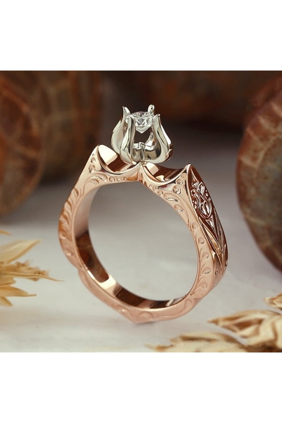 New Creative Lotus Color Simulation Diamond Ring European American Lotus Flower Flame Engagement Copper Style Geometry