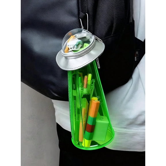 New Creative UFO Shaped Storage Jar Pencil Case Transparent Green Alien Doll Decoration Desktop Organizer Box Fun UFO Spaceship Pen Bag Stationery Holder Backpack Accessory