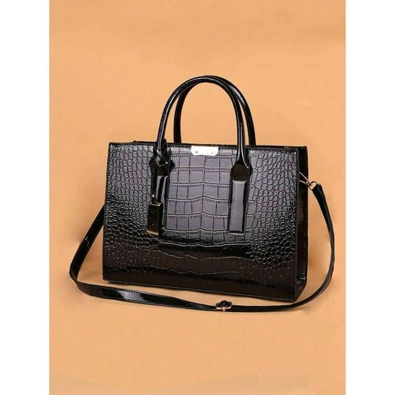 New Crocodile Pattern Large Handbag Square Bag Ladies Tote Bag With Accessories, Eye-Catching Work Bags For Women，Black