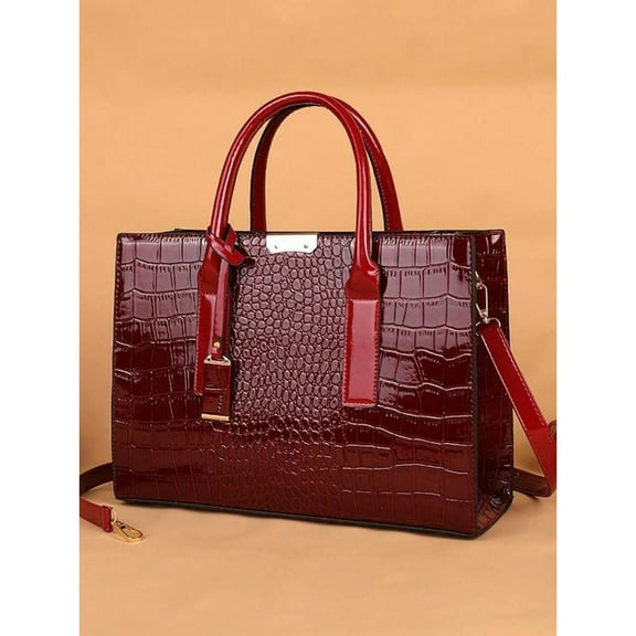 New Crocodile Pattern Large Handbag Square Bag Ladies Tote Bag With Accessories, Eye-Catching Work Bags For Women，Red
