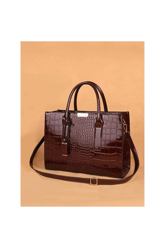 New Crocodile Pattern Large Handbag Square Bag Ladies Tote Bag With Accessories, Eye-Catching Work Bags For Women