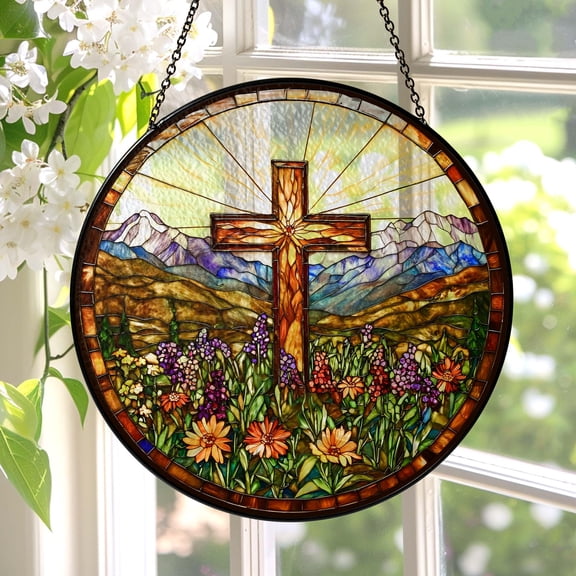 New Cross And Wild Flower GLASS SUNCATCHER, Christian Cross Windows Hanging, Flower Cross Gift For Religious, Cross Sunset Window Glass
