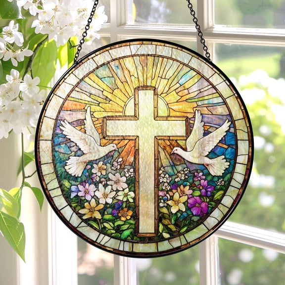 New Cross And Wildflowers Stained Glass Suncatcher, Christian Glass Windows Hanging, Flower Cross Gift For Religious, Easter Faith Home Decor