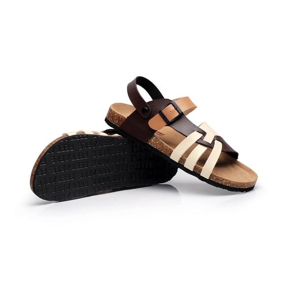 New Cross-straps PU Leather Sandals for Man Men's Summer Casual Rome Cork Flat Slippers with Metal Buckles