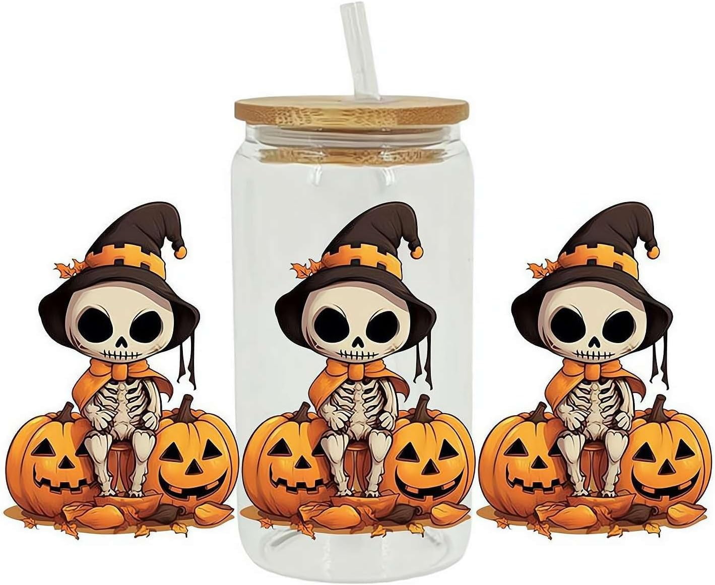 10Sheets UV DTF Cup Wrap Transfer Stickers For Glass 10 Styles Halloween Cute Ghost Pumpkin Rub Transfers Decal 16oz Cups Furniture Craft