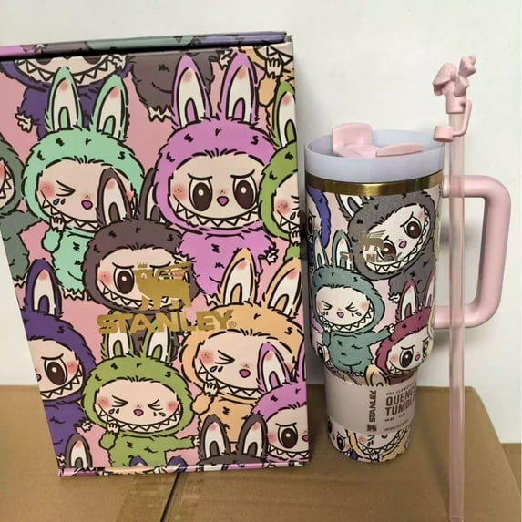 New Cute 40 oz Cartoon Thermos Cup la_bu-b-us With Handle Straw Water Cup -4