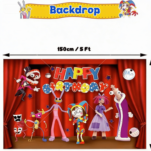 New Cute Cartoon Digital Circus Theme Birthday Party Decoration, Including Flag Balloons, Background Cloth, Cake Topper Set, Suitable for Parties and Gatherings