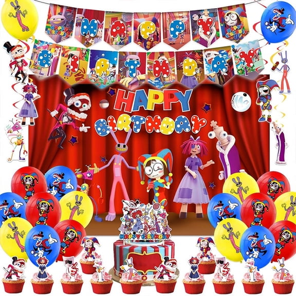 New Cute Cartoon Digital Circus Theme Birthday Party Decoration, Including Flag Balloons, Background Cloth, Cake Topper Set, Suitable for Parties and Gatherings