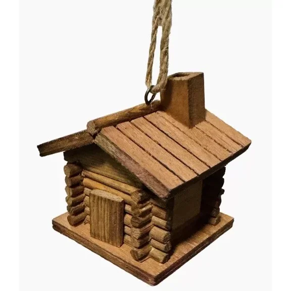 New Cute Handcrafted Wood 4 Log Cabin Hanging Ornament
