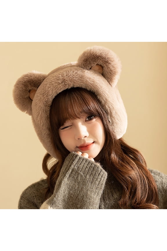 New Cute Plush Bear Ear Muffs for Girls, Cartoon Style Student Ear Warmers, Winter Windproof Ear Protection, Cold Weather Fuzzy Ear Covers, Soft Warm Ear Muffs for Teens - Khaki