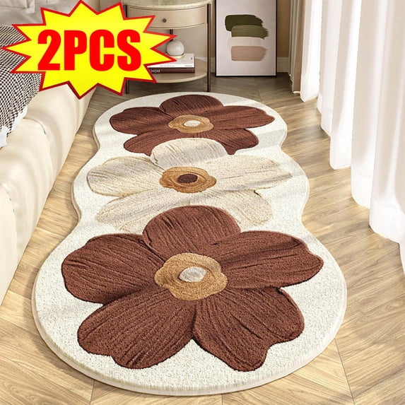 New Cute Rugs for Bedroom 2pcs, Floral Area Rug, Non-Slip Absorbent Bathroom Mat Super Cute Machine Washable Bathroom Mat Floral Soft Fluffy Bath Mat 47"x15" Brown