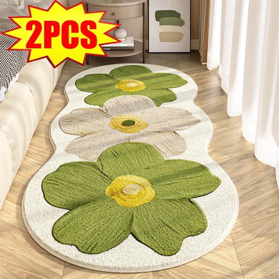 New Cute Rugs for Bedroom 2pcs, Floral Area Rug, Non-Slip Absorbent Bathroom Mat Super Cute Machine Washable Bathroom Mat Floral Soft Fluffy Bath Mat 47"x15" Green