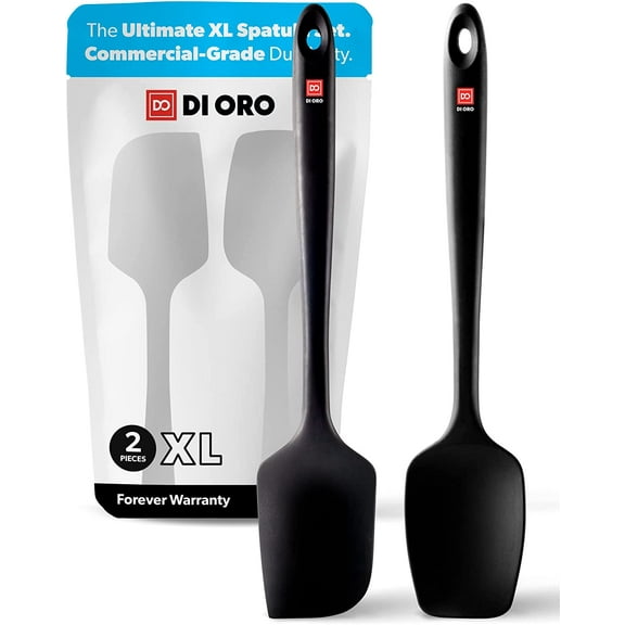 New DI ORO Seamless Series 2-Piece Silicone Pro XL Spoonula & Spatula Set - 600F Heat-Resistant Nonstick Rubber Commercial Grade Kitchen Cooking Utensils - Large Scrapers for Mixing & Baking (Black)