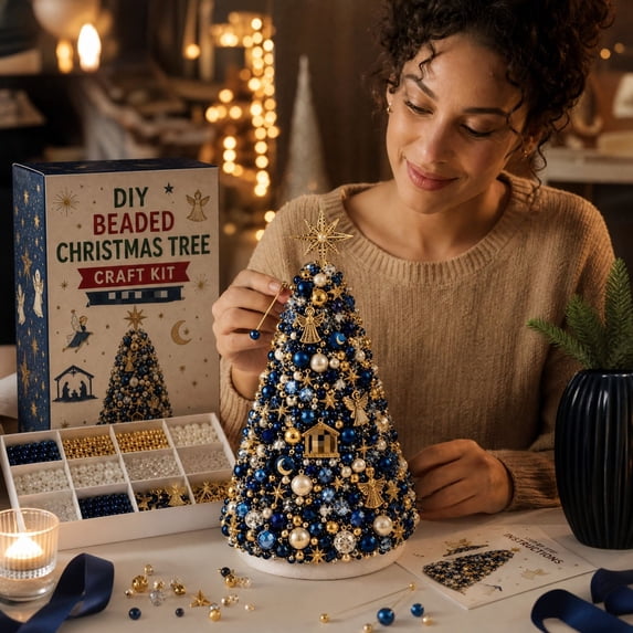 New DIY Beaded Christmas Tree Kit, Crystal Holiday Craft Set for Adults, Colorful Beads, Ornament Charms, Metal Frame, Tabletop Decor, Christmas Gift
