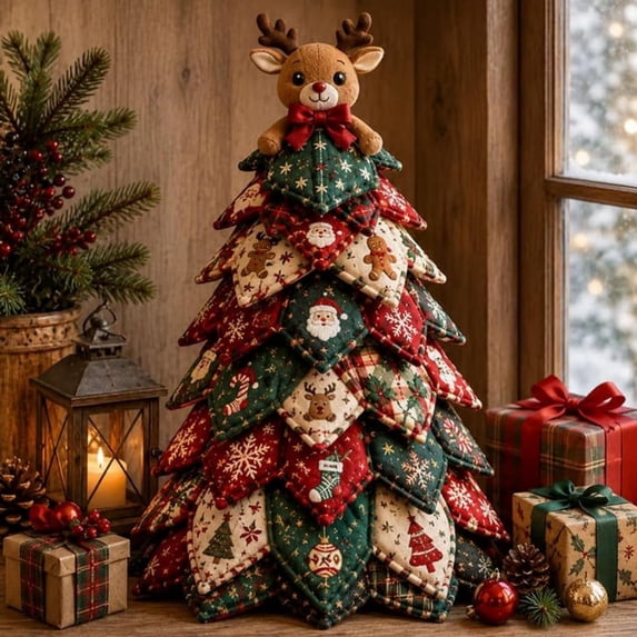 New DIY Quilted Christmas Tree Kit, 3D Fabric Patchwork Craft Set for Beginners, Handmade Tabletop Holiday Decor, Ideal for Home Mantel Table Office Display.Elk A