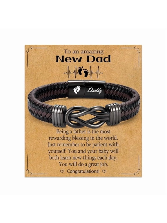 New Dad Bracelet for Men, Brown and Black Braided Infinity Bracelet with Baby Footprint Daddy Engraving and Message Card, First-Time Father Gift for Baby Shower or Fathers Day