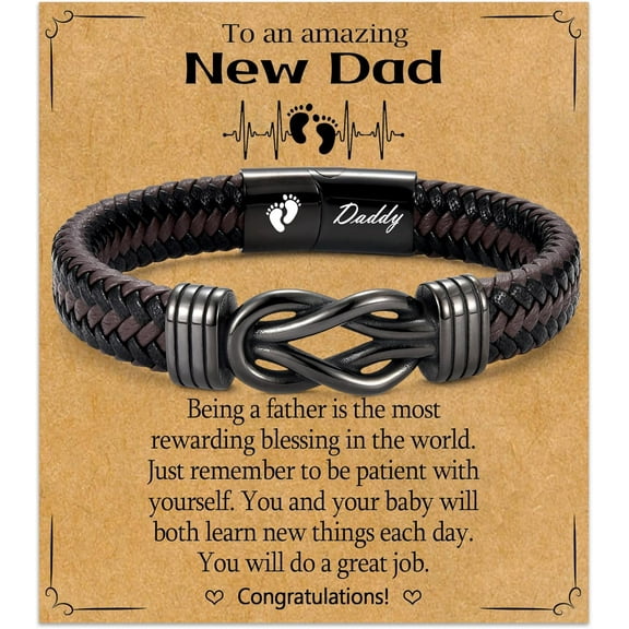 New Dad Gifts for Men, First Time Parents Gift Dad to Be Gift for Father's Day Birthday Christmas, Leather Bangle Bracelet for Daddy Him Husband