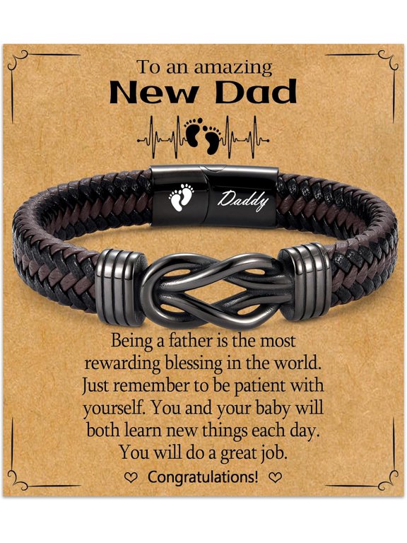 New Dad Gifts for Men, First Time Parents Gift Dad to Be Gift for Father's Day Birthday Christmas, Leather Bangle Bracelet for Daddy Him Husband