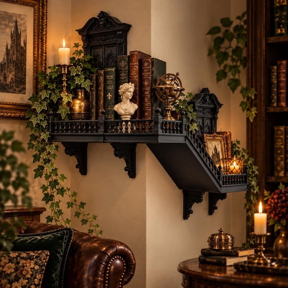 New Dark Aesthetic Gothic Corner Wall Shelf, Vintage Architecture Floating Display Rack, Ornate Carved Gothic Rail Decor Shelving, Multipurpose Corner Organizer
