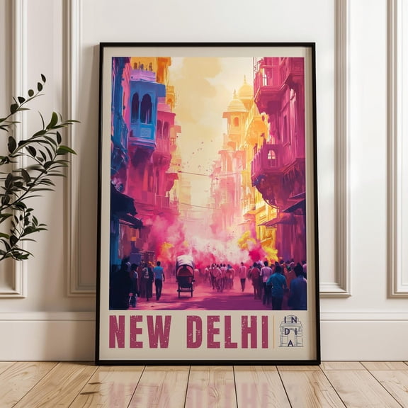 New Delhi, India, colourful street sunset travel Print art print, Holi vibrant cityscape decor, Stretched Canvas 16x20in