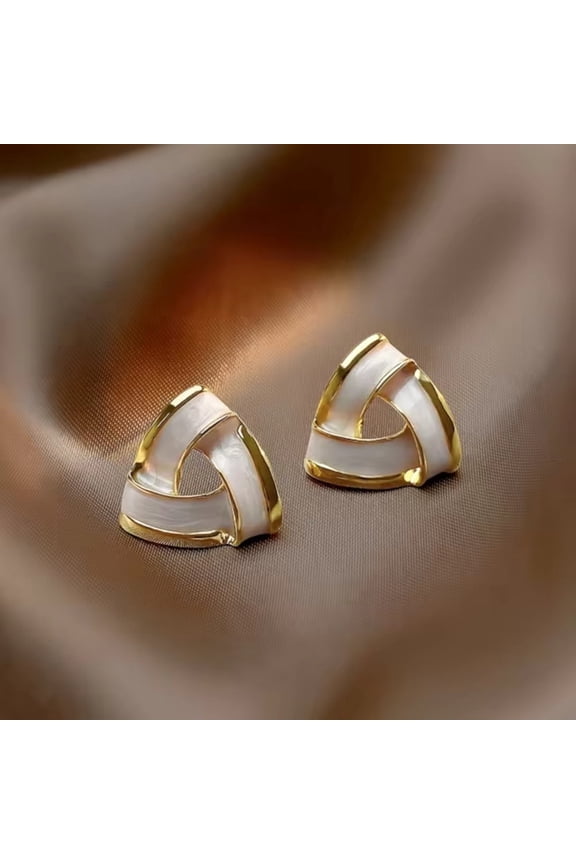 Geometric Stylish Cute Triangle Shape Golden White Drip Oil Stud Earrings for Women