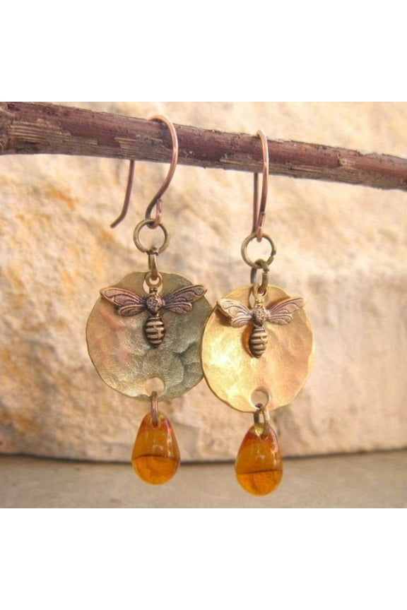 New Design Amber Glass Dangle Metal Bee Earrings Vintage Ear Jewelry Party Club Gifts for Women