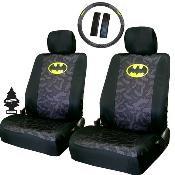 New Design DC Comics Batman Logo Premium Car Accessories Seat Covers with Shoulder Pads and Steering Wheel Cover| Includes Air Freshener | Universal Fit for Most Vehicles
