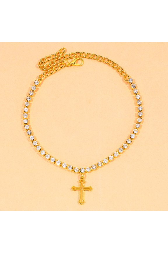 New Design Fashion Charm Rhinestone Cross Anklet Jewelry for Women 14K Yellow Gold Adjustable Summer Beach Party Flash Crystal Foot Chain