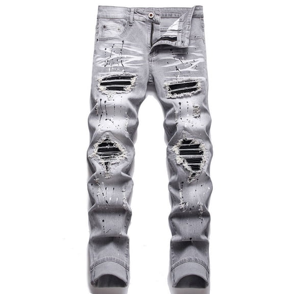 New Design Stitching Ripped Cloth Sticker Men‘s Small Straight Stretch Motorcycle Jeans
