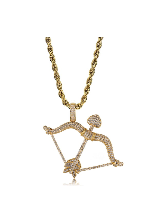 New Designed Iced Out Bow & Arrow 14K Yellow Gold Pendant Solid Back Necklace Hip Hop Golden Silver Color Mens/Women Charm Chain Jewelry