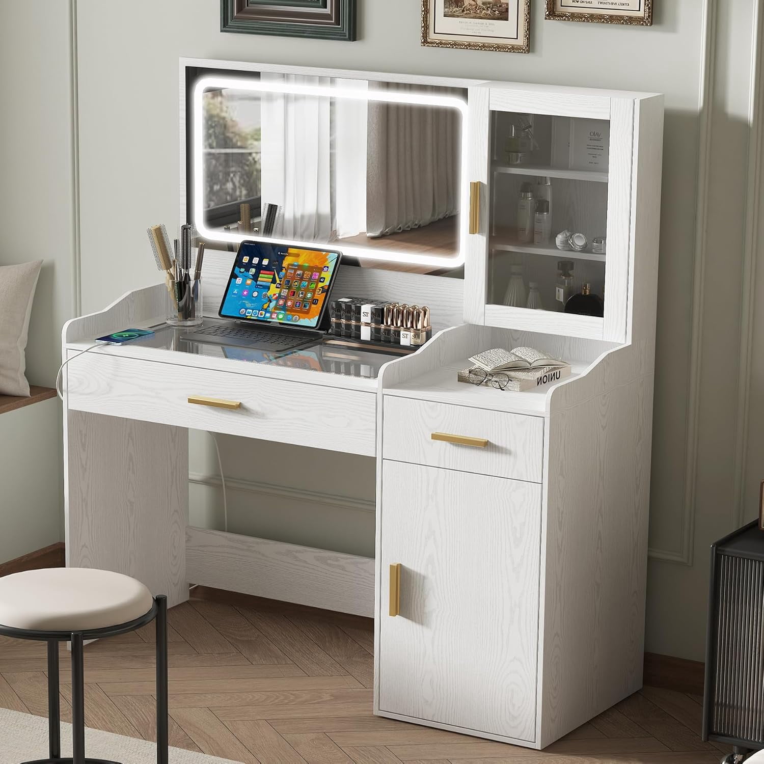 Vanity Desktop New Desktop Vanity Desk with LED Lights Power Socket and Mirror, Large ...