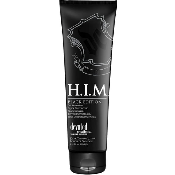 New Devoted Creations H.I.M. Black Edition, Oil Absorbing Quick Penetrating Black Tan Lotion Bronzer, 8.5 oz.