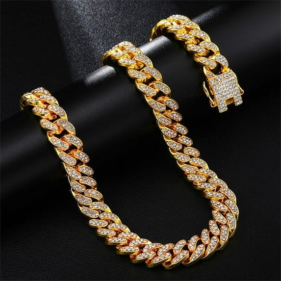 New Diamond Fashion Necklace Women Men Hip Hop Link Chain Necklace Inlaid Rhinestone GOLD-60CM