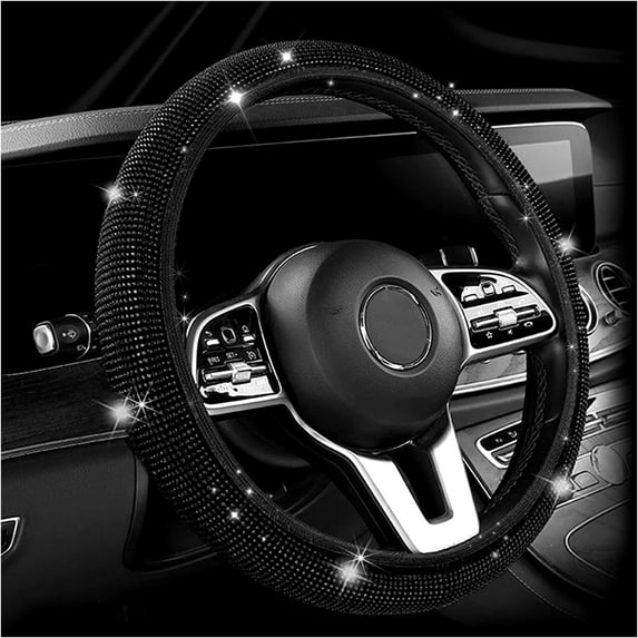 SkyAuks New Diamond Leather Steering Wheel Cover with Bling Bling Crystal Rhinestones, Universal Fit 15 Inch Car Wheel Protector for Women Girls,Black Diamond