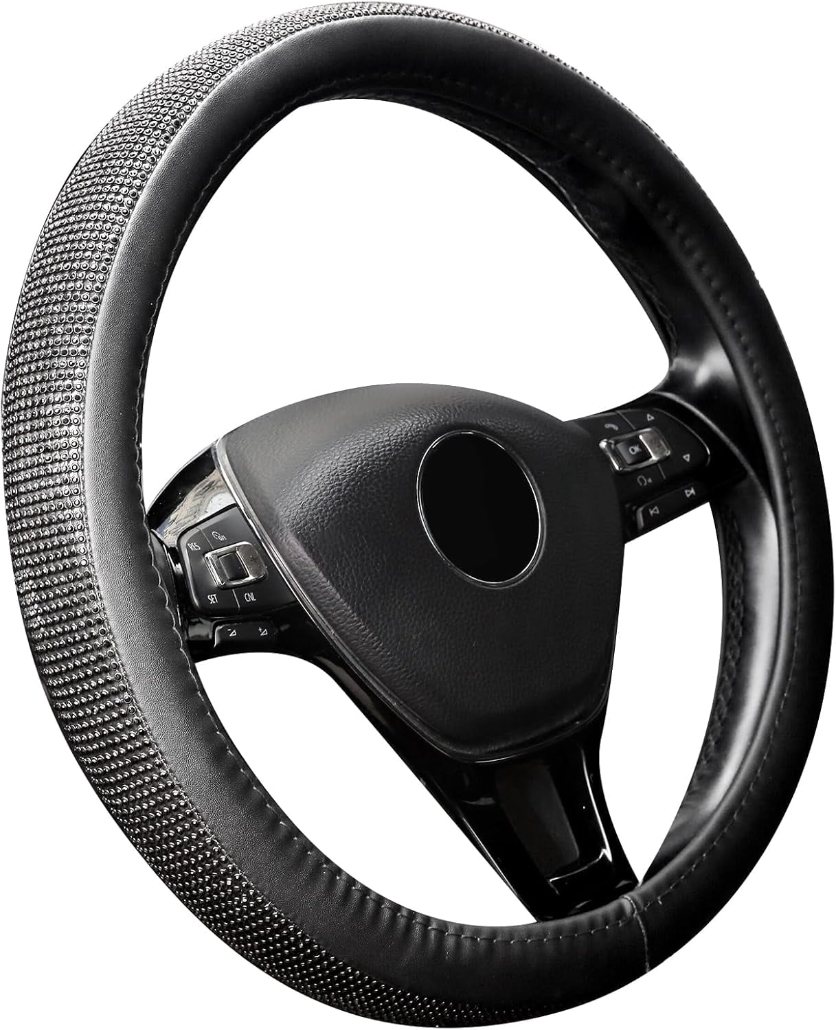 New Diamond Leather Steering Wheel Cover with Bling Bling Crystal Rhinestones, Universal Fit 15 Inch Car Wheel Protector for Women Girls,Black Diamond