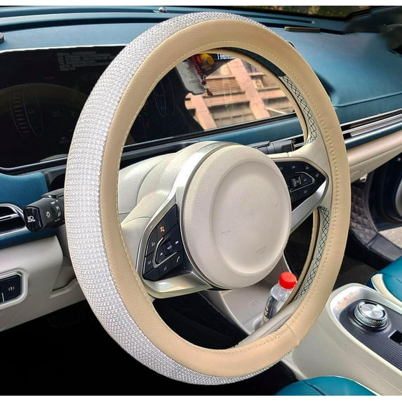 New Diamond+Leather Steering Wheel Cover,Bling Crystal Rhinestones Steering Wheel Cover Universal Fit 15" Car Wheel Protector for Women Girls (Beige Leather+White Diamond)